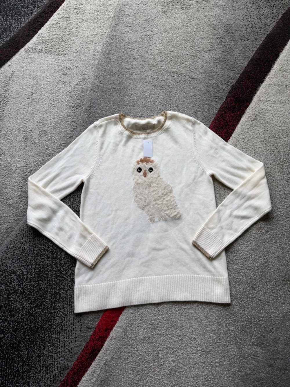 LOFT Ann Taylor Ivory Owl Motif Crew Neck Sweater